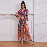 Asymmetrical ruffled floral Maxi Wrap Dress Sai Feel