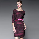 Autumn Women's Three-quarter Sleeve Pure Color Round Neck Lace One-Step Dress Sai Feel