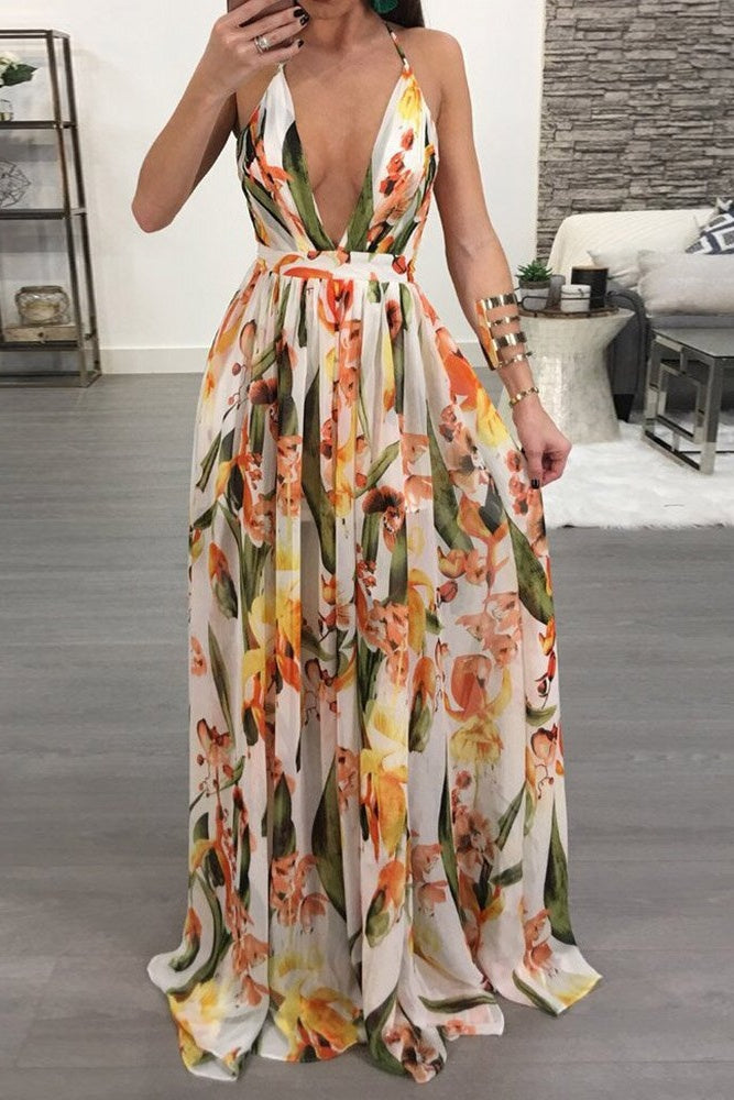 Backless Sleeveless V-Neck Floor-Length Color Block Women's Dress Sai Feel