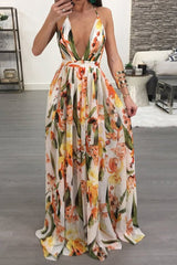 Backless Sleeveless V-Neck Floor-Length Color Block Women's Dress Sai Feel