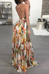 Backless Sleeveless V-Neck Floor-Length Color Block Women's Dress Sai Feel