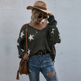 Batwing Sleeve Loose Women Sweater V-neck Star Printed Tassels Hem Knitted Pullover Tops Sai Feel