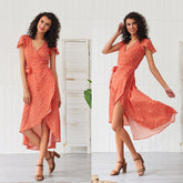Beach Maxi Dress Women Dot Print Boho Long Dress Ruffles Wrap Casual V-Neck Split Sexy Party Dress Robe Femme Sai Feel