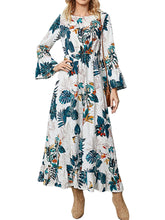 Boho Plants Printing High Waist Flare Sleeve Midi Dress Sai Feel