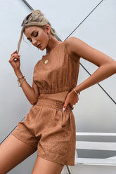 Brown Sleeveless Crop Top & Shorts Two-Piece Set Sai Feel