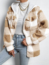 Buffalo Plaid Pattern Flap Pocket Drawstring Hooded Teddy Coat Sai Feel