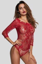 Burgundy Long Sleeve Embroidery Lace Lingerie Bodysuit Sai Feel