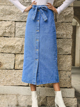 Button Front Self Waist Tie Maxi Denim Dress Sai Feel