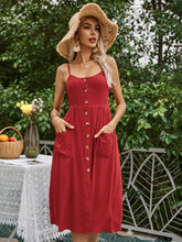 Button Front Shirred Back Pocket Cami Dress Sai Feel