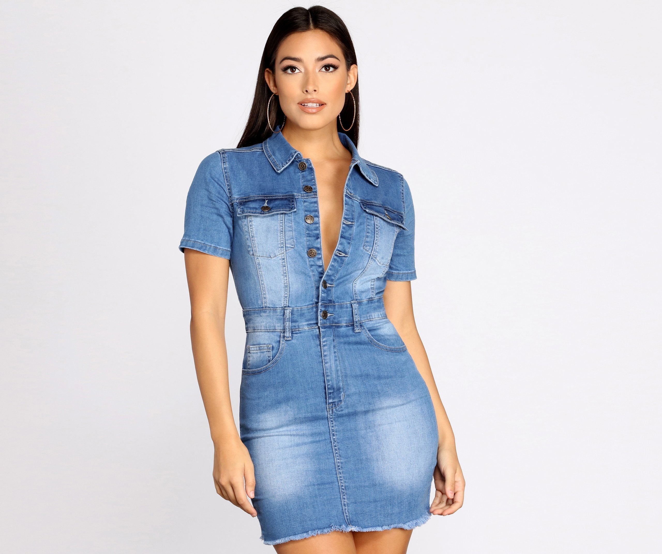 Button Up In Denim Frayed Dress Sai Feel
