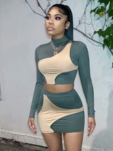 Casual Contrast Color Long Sleeve Short Top Skirt Set Sai Feel