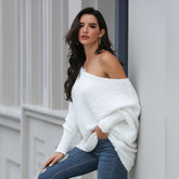 Casual Off-Shoulder Bat-Sleeve Popcorn-Sweater Sai Feel