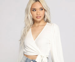 Chic Wrap Around Bishop Sleeve Crop Top Sai Feel
