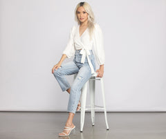 Chic Wrap Around Bishop Sleeve Crop Top Sai Feel