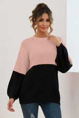 Color Contrast Splicing Long Sleeve Loose Knit Sweater Sai Feel