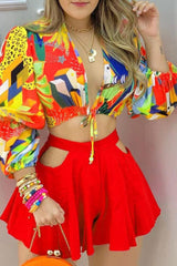 Colorblock Lantern Sleeve Top & Skirt Two-Piece Set Sai Feel
