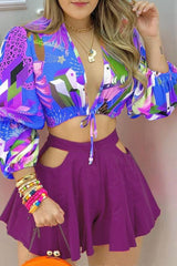 Colorblock Lantern Sleeve Top & Skirt Two-Piece Set Sai Feel