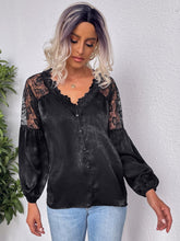 Contrast Lace Lantern Sleeve Satin Blouse Sai Feel