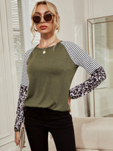 Contrast Leopard & Striped Raglan Sleeve Tee Sai Feel