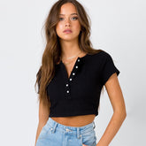 Crop solid color V-neck button embellished short T-shirt Tee Sai Feel