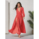 Deep V Neck Long Sleeve Dresses Dot Print Large Swing Slit Hem Dress Sai Feel