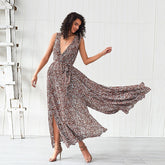 Deep V neck Women Maxi Long Multiway belt waist Party Dresses slit hem long dress Sai Feel
