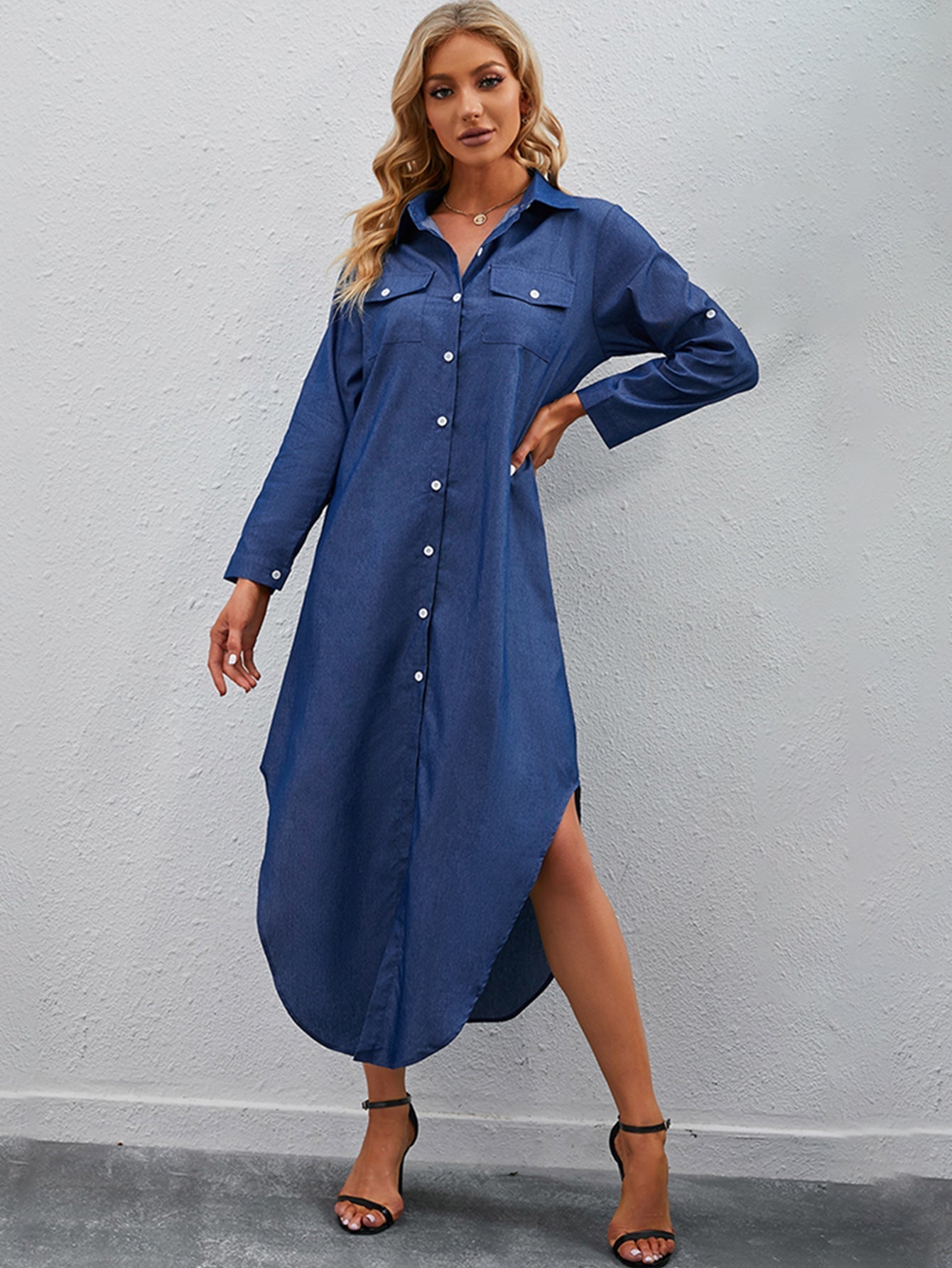 Denim Long Sleeve Solid Color Button Up Dress – Sai Feel