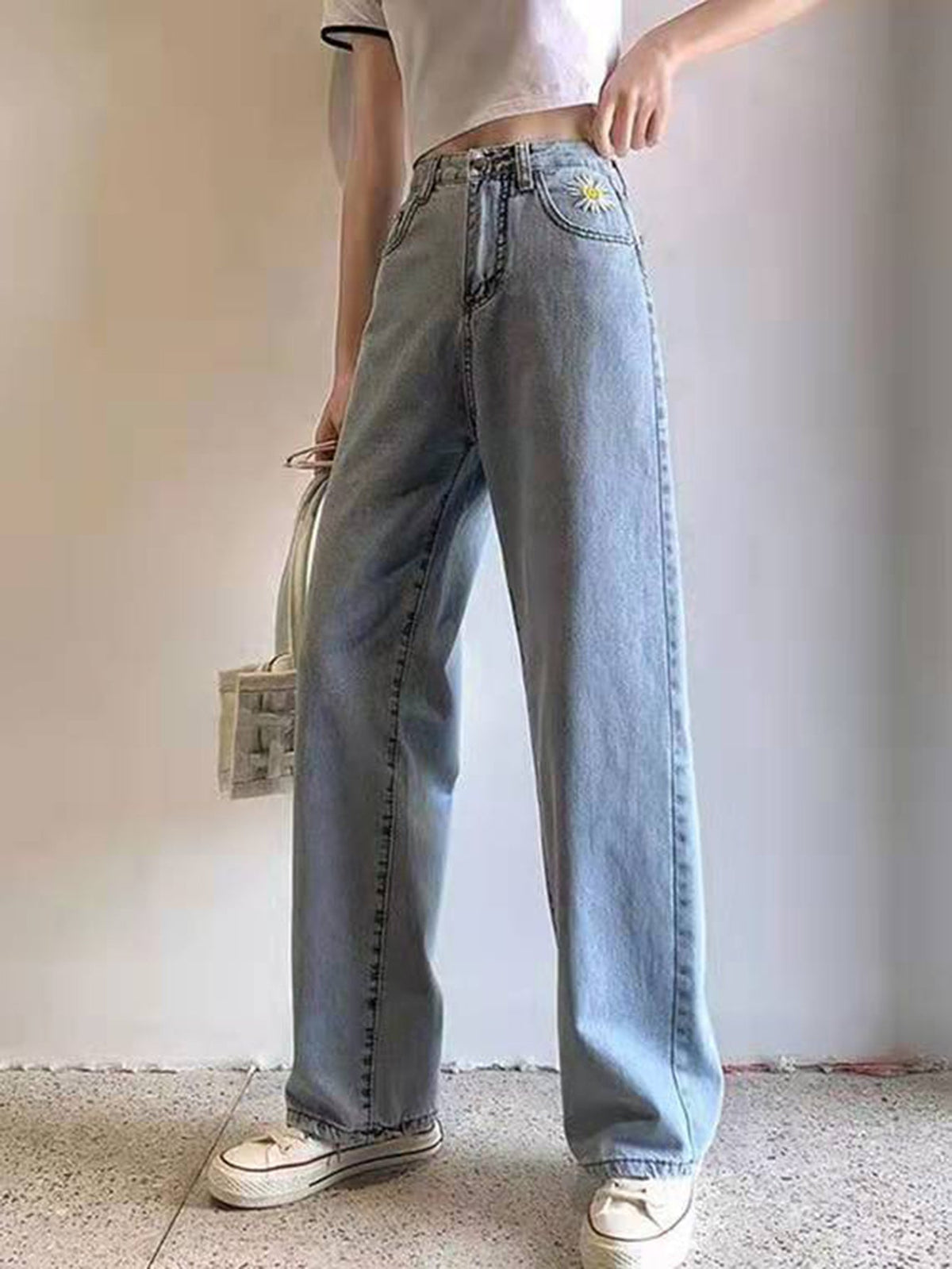 Denim high waisted floral embroidery loose slim wide leg trousers Sai Feel