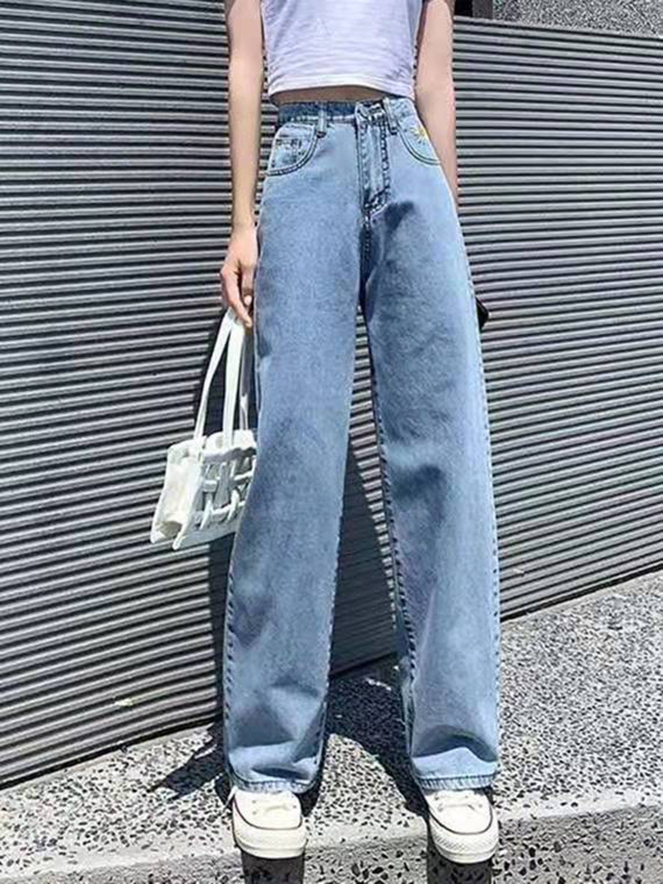 Denim high waisted floral embroidery loose slim wide leg trousers Sai Feel