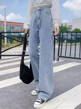 Denim high waisted loose slim solid straight leg trousers Sai Feel