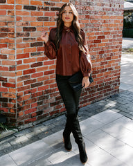 Akira Button Down Faux Leather Top - Brown - FINAL SALE