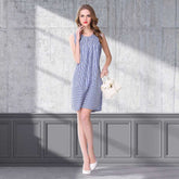 Elegant Round Collar Trim Splicing Striped Sleeveless Dress Sai Feel