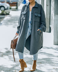 Alayjah Pocketed Longline Fleece Shacket - Charcoal - FINAL SALE