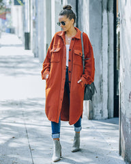 Alayjah Pocketed Longline Fleece Shacket - Rust - FINAL SALE