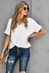 Fashion Blue/Gray/Burgundy Plain Crew Neck Short Sleeve Twist Tee T Shirt Sai Feel