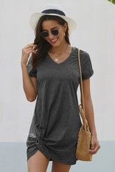 Fashion Ladies V-neck Space Dye Twist Hem Tee Side Knot short sleeve Dress Sai Feel