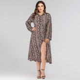 Fashion Plus Size Women Lapel Snakeskin Print Long Casual Slit Dress Sai Feel