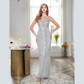 Fashion Sexy Sleeveless V Neck Tassel Sequins Slim Evening Cocktail Party Wedding Dress Sai Feel