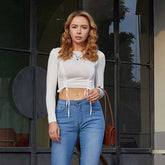 Fashion Trim Drawstring Ruched Crop Tee Long-sleeved solid color bottoming T-shirt tight-fitting navel sexy female top Sai Feel