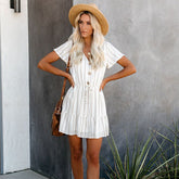 Fashion V neck High Waist Pleated Button Front Dress Short Sleeve Stripe print Midi Dress Sai Feel