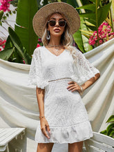 Fashion V-neck Lace Midsleeved Hollow Dress Skirt Sai Feel