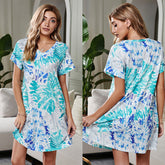 Fashion Women Blue Tie Dye V Neck Dress Sai Feel