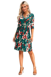 Fashion Women Green Floral printing 3/4 Sleeve Wrap Dress Sai Feel