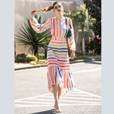 Fashion Women Puff Sleeve Colorful Striped blouse irregular fishtail Mermaid Skirt Set Sai Feel
