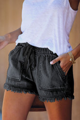Fashion Women Saddleback Pocketed Frayed Tencel Elastic Waist Shorts Sai Feel