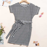 Fashion Women Stripes Pocketed T-shirt Dress with Belt Sai Feel
