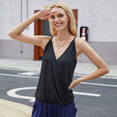 Fashion Women Summer V-neck Solid Color Cross Border Loose Sleeveless Cami Shirt Sai Feel