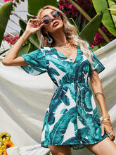 Fashion Women V Neck Green Plant Printing Short Sleeve Dress Skirt Sai Feel