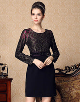 Fashion Women's elegant temperament dress lace stitching slim long-sleeved dress autumn Sai Feel