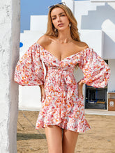 Flora print sexy V-neck skirt irregular Ruffle Skirt Shoulder off dress Sai Feel